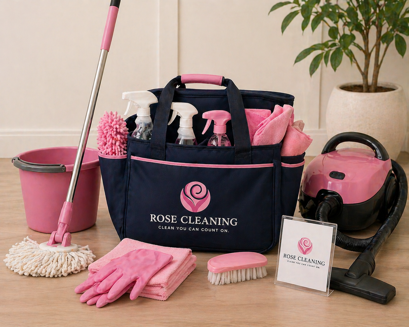 Rose Cleaning professional branded equipment — fully stocked caddy, spray bottles, vacuum, mop, and pink gloves ready for service